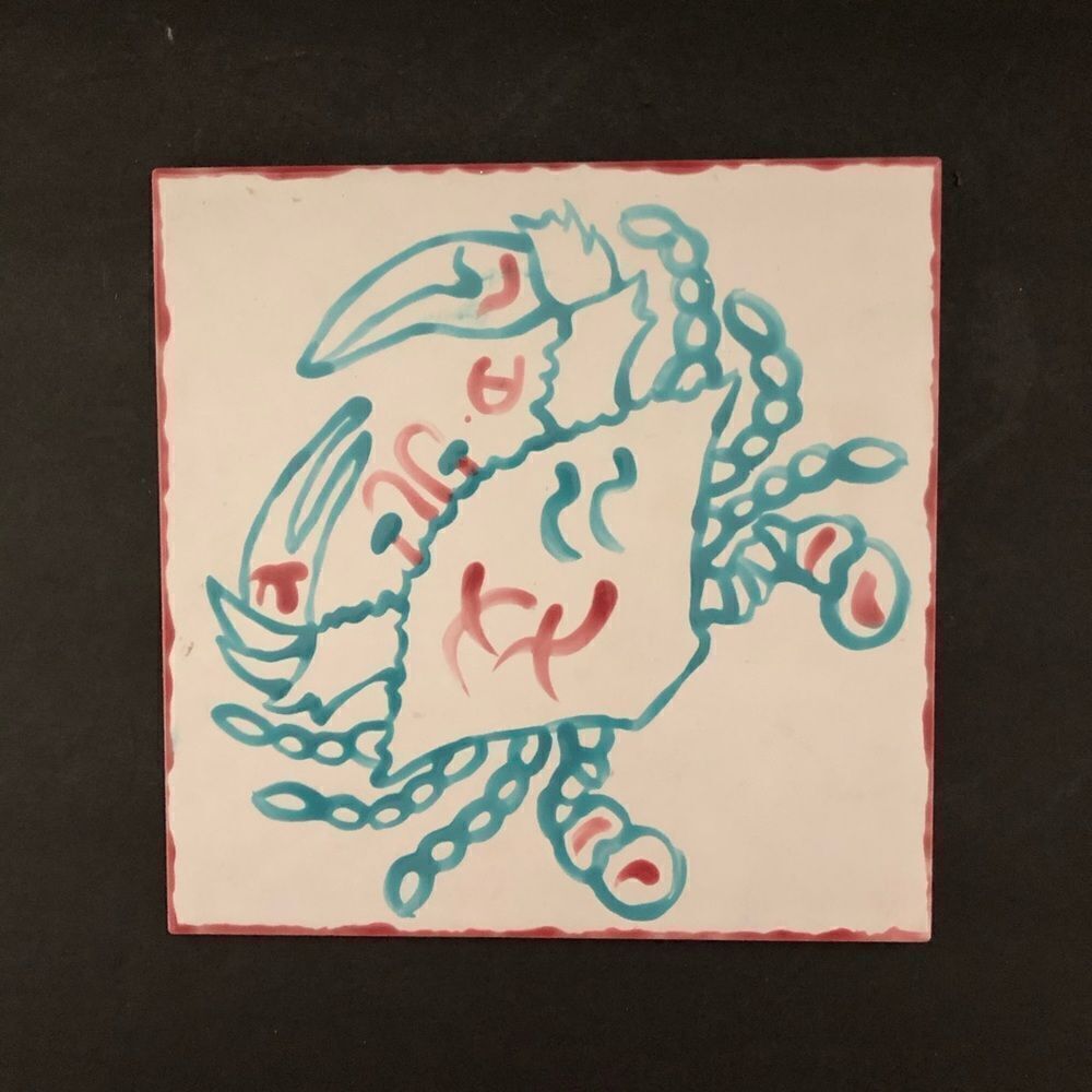 Hand painted turquoise crab tile trivet